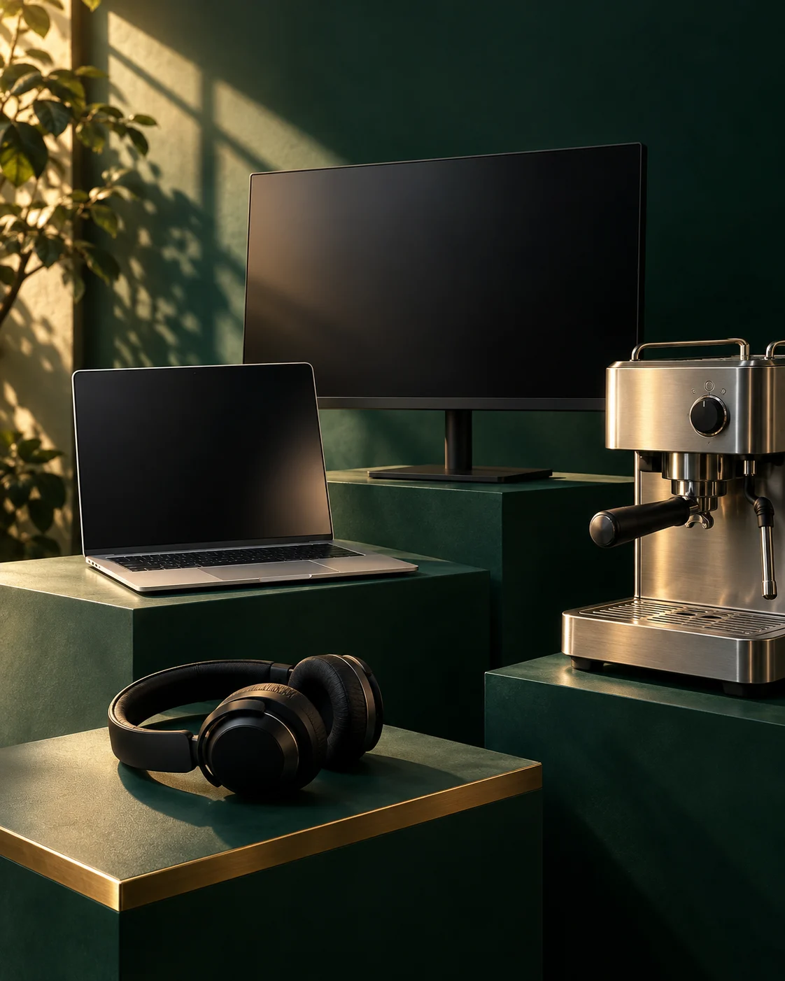 Laptop, display, coffee machine and headphones on forest green plinths